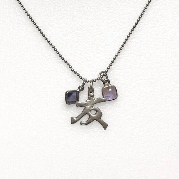 VTG 925 Sterling Silver Necklace Asian Character Symbol Blue Purple Dangle Charm - Picture 7 of 7